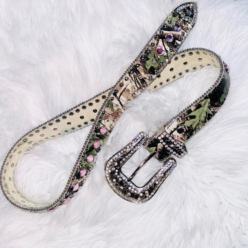Angel Ranch Tree Camo Pink Studded Western Belt